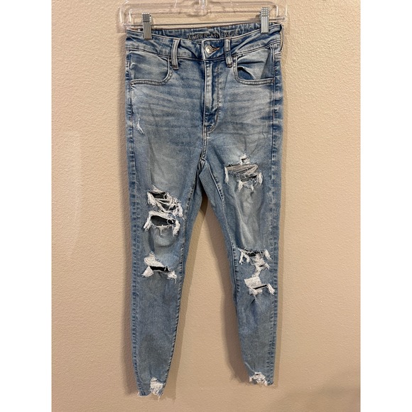 American Eagle Ripped High Waisted Jeans Distressed Denim Light Wash - Picture 1 of 7
